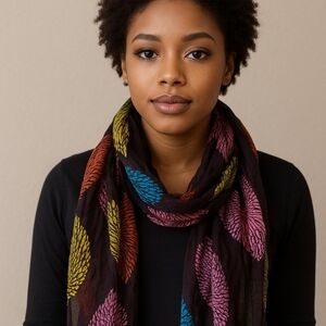 Brown Multicolor Leaf Print Scarf Women’s Lightweight Fashion Shawl Wrap Fringe